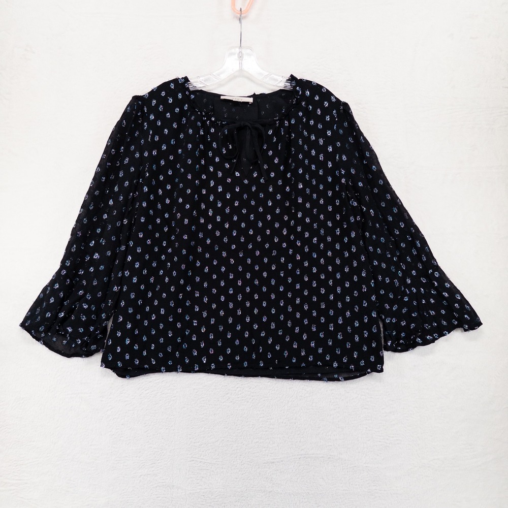 LOFT Womens Blouse Large Black Metallic Clip Dot Tie Neck Ruffle Long Sleeve